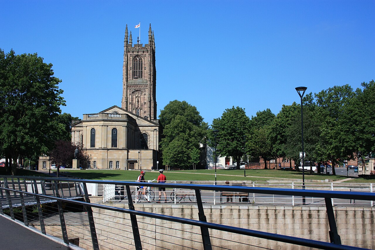 Derby Cathedral seen from the riverside